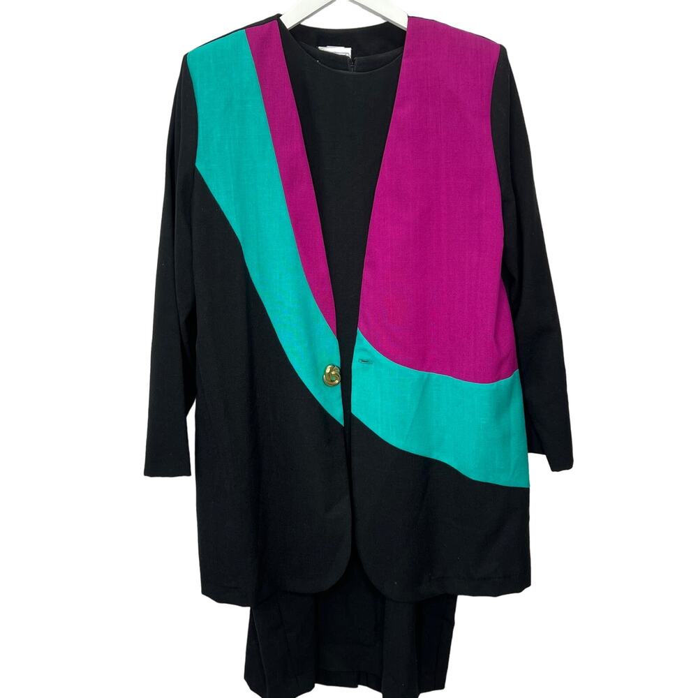 Vintage Bedford Fair Womens Blazer Sheath Dress Set Size 14 Black Colorblock
